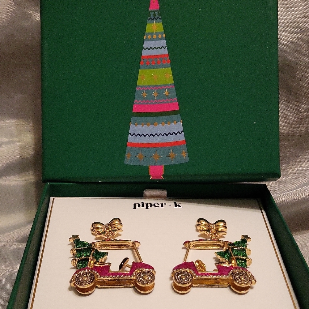 Piper K Golf Cart W Christmas Tree Earrings Bnib Te LI